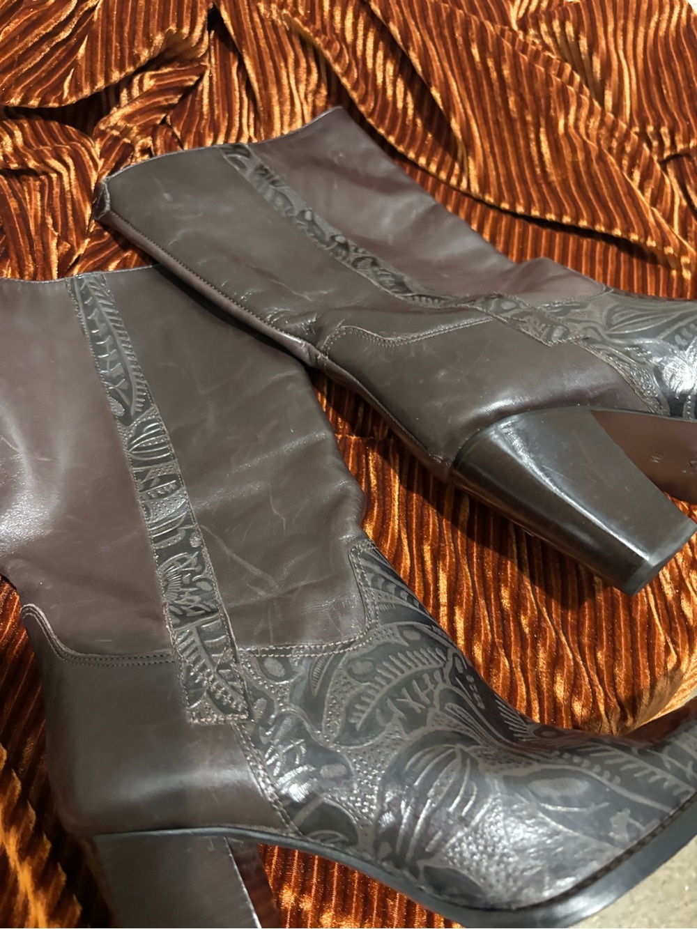 ANTONIO MELANI Dark Brown Embossed Leather Mid-Calf Heeled Boots
